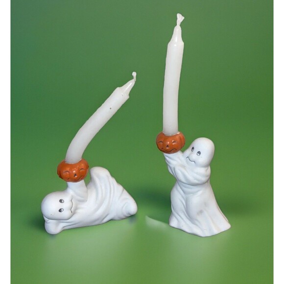 Halloween Ceramic 2 Smiling Ghost Pumpkin Vintage Candlestick Holders - Picture 1 of 15